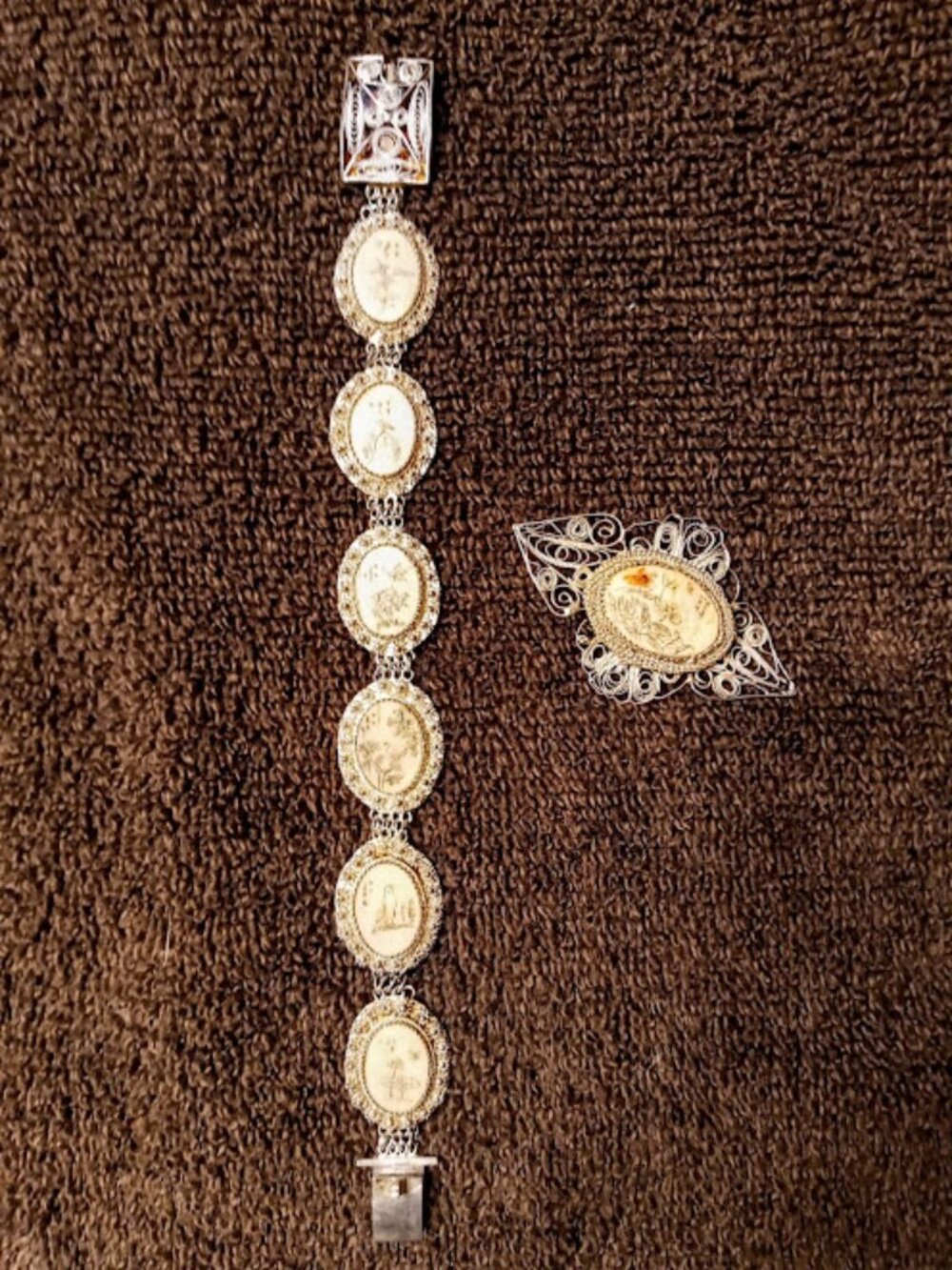 Vintage Handmade & Painted Ivory Sterling Silver Filigree Bracelet+Brooch